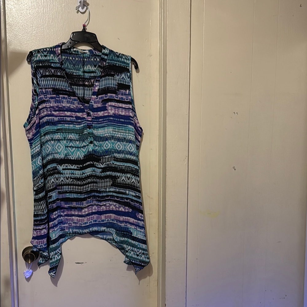 Spense Blue and Purple Asymmetrical Sleeveless Blouse